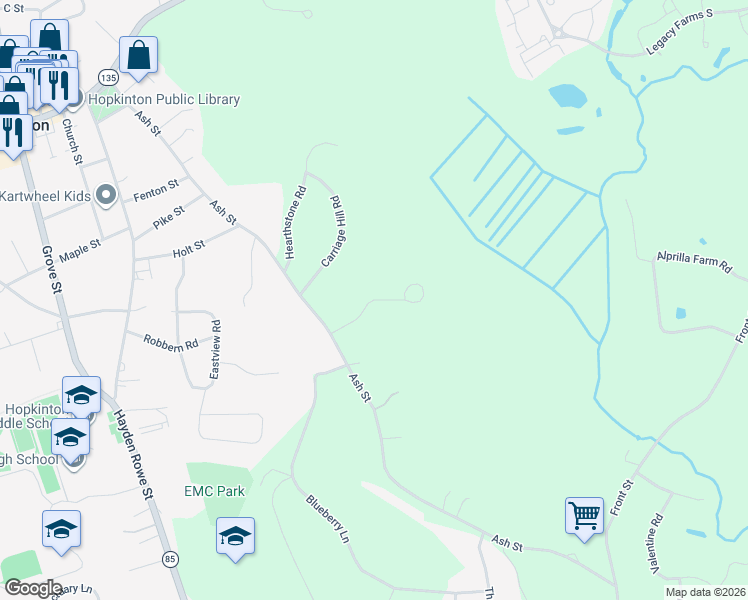map of restaurants, bars, coffee shops, grocery stores, and more near Stone Crossing Way in Hopkinton