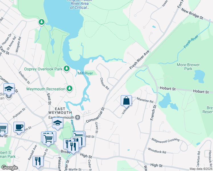 map of restaurants, bars, coffee shops, grocery stores, and more near 49 Clinton Road in Weymouth