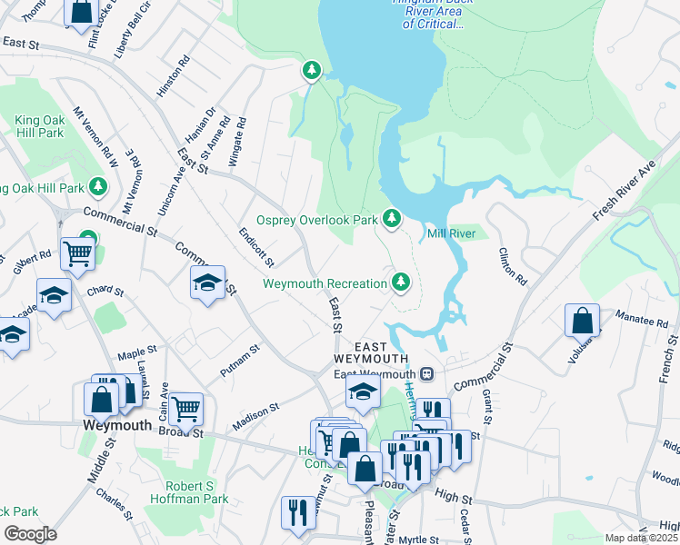 map of restaurants, bars, coffee shops, grocery stores, and more near 37 Lee Street in Weymouth