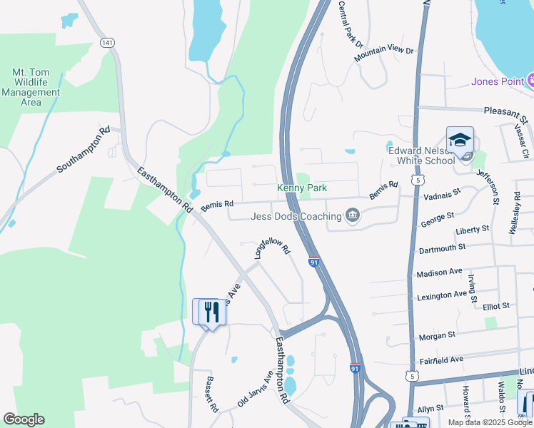 map of restaurants, bars, coffee shops, grocery stores, and more near 1 Joanne Drive in Holyoke