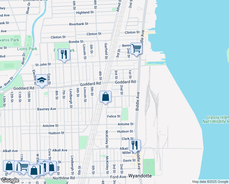 map of restaurants, bars, coffee shops, grocery stores, and more near 240 Stoll Street in Wyandotte