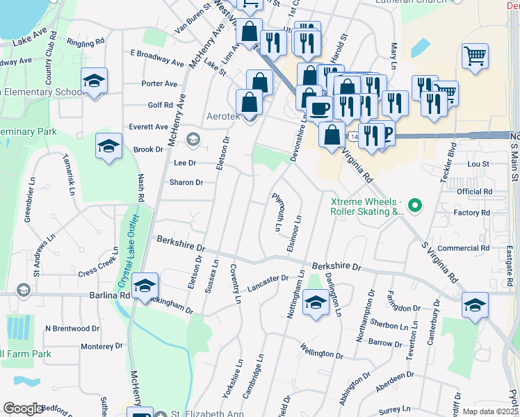 map of restaurants, bars, coffee shops, grocery stores, and more near 650 Devonshire Lane in Crystal Lake
