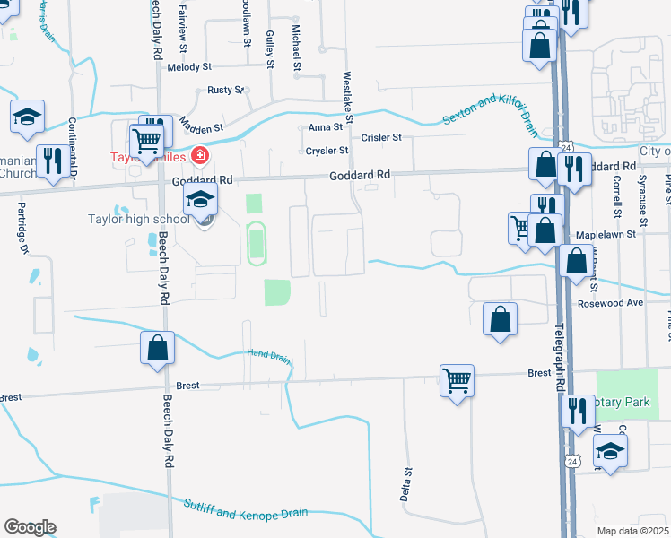 map of restaurants, bars, coffee shops, grocery stores, and more near 11326 Brydan Street in Taylor