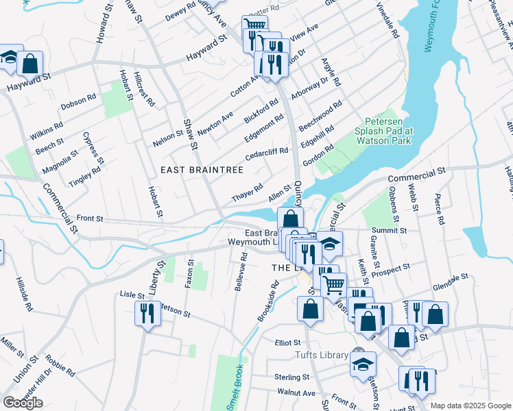 map of restaurants, bars, coffee shops, grocery stores, and more near 56 Allen Street in Braintree