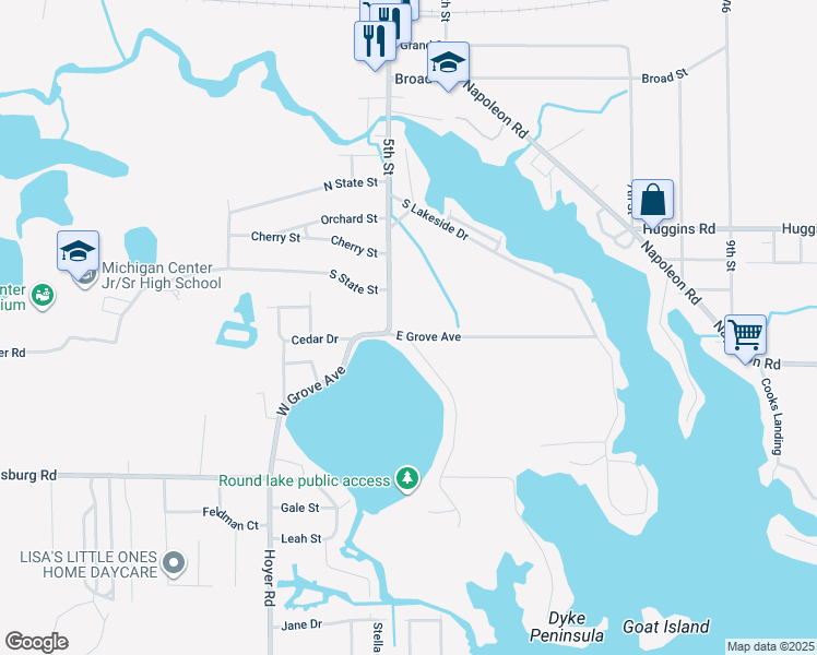 map of restaurants, bars, coffee shops, grocery stores, and more near 110 East Grove Avenue in Michigan Center