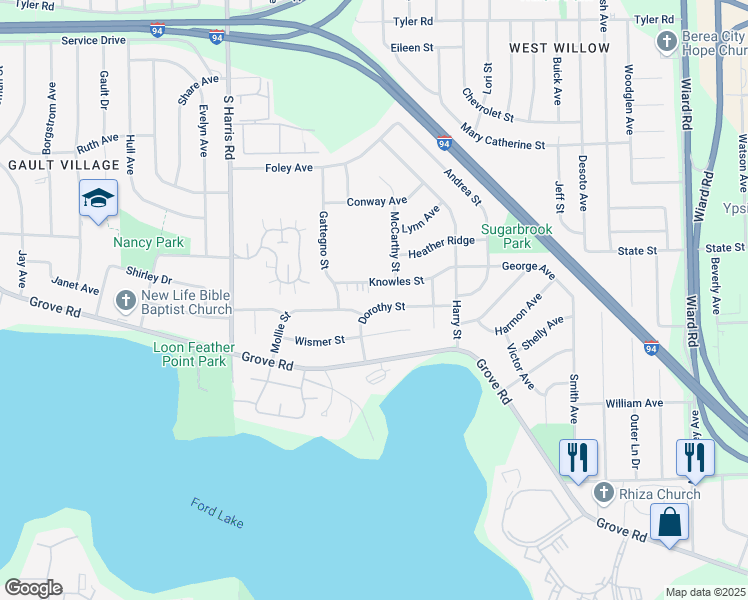 map of restaurants, bars, coffee shops, grocery stores, and more near 1540 McCarthy Street in Ypsilanti