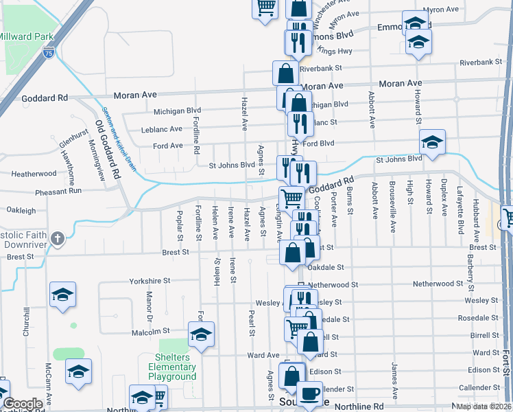 map of restaurants, bars, coffee shops, grocery stores, and more near 2060 Goddard Road in Lincoln Park