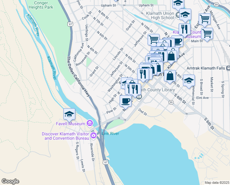 map of restaurants, bars, coffee shops, grocery stores, and more near 202 Washington Street in Klamath Falls