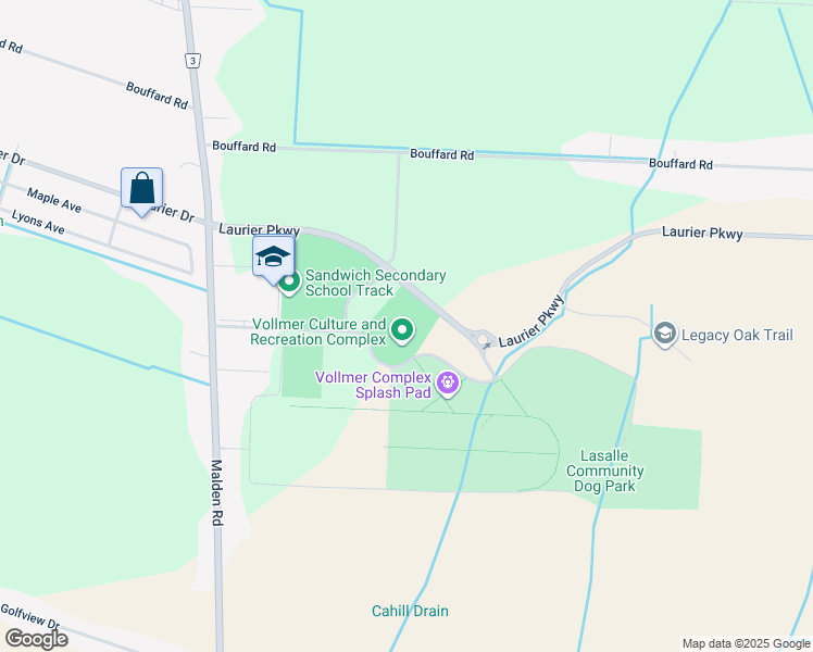 map of restaurants, bars, coffee shops, grocery stores, and more near 2121 Laurier Parkway in Windsor