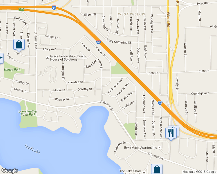 map of restaurants, bars, coffee shops, grocery stores, and more near 1559 Andrea Street in Ypsilanti