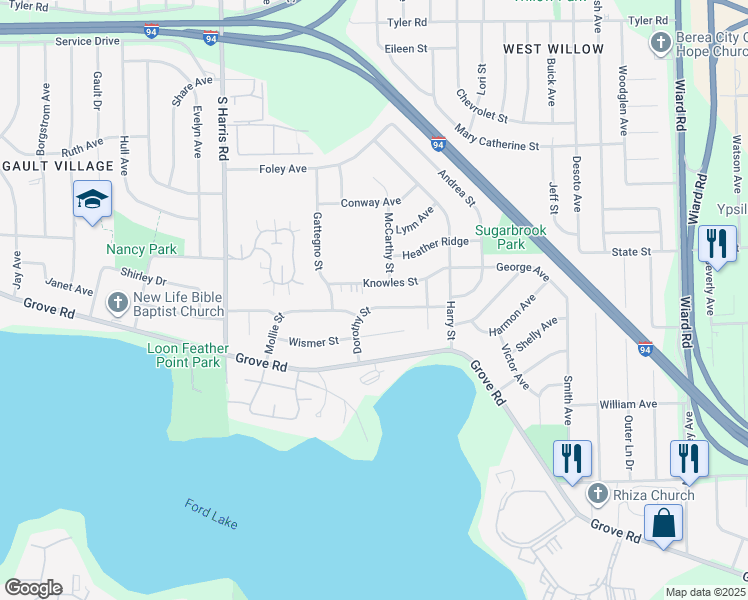 map of restaurants, bars, coffee shops, grocery stores, and more near 1540 McCarthy Street in Ypsilanti
