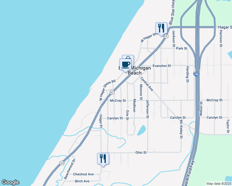 map of restaurants, bars, coffee shops, grocery stores, and more near 6149 Huron Street in Coloma