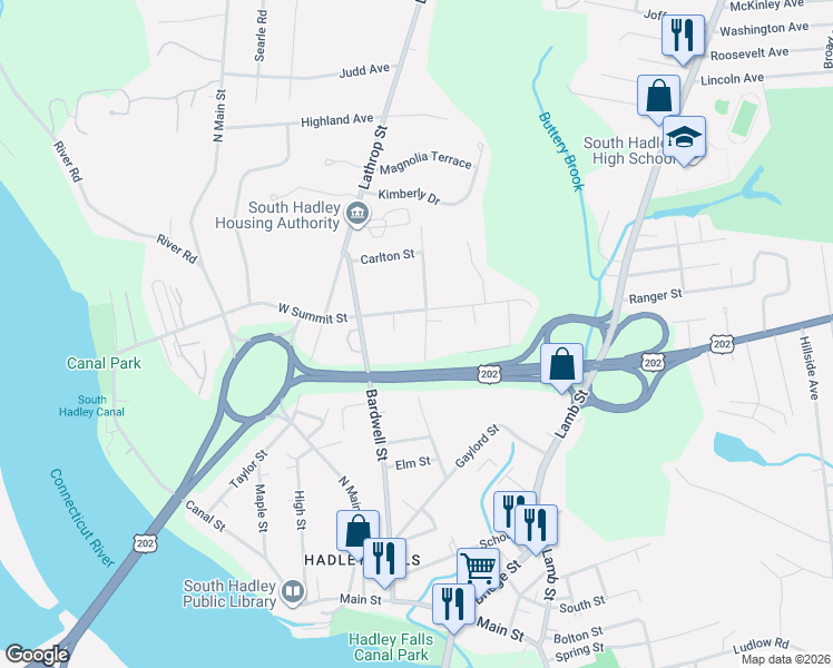 map of restaurants, bars, coffee shops, grocery stores, and more near 15 Summit Street in South Hadley