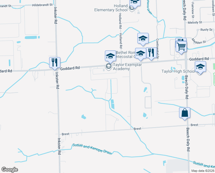 map of restaurants, bars, coffee shops, grocery stores, and more near 11031 Golfcrest Drive in Taylor