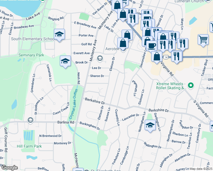 map of restaurants, bars, coffee shops, grocery stores, and more near 640 Chardonnay Lane in Crystal Lake