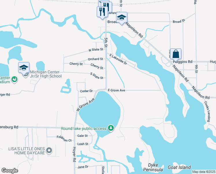 map of restaurants, bars, coffee shops, grocery stores, and more near 950 5th Street in Michigan Center