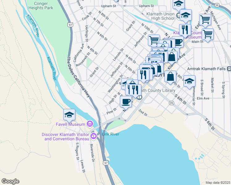 map of restaurants, bars, coffee shops, grocery stores, and more near 137 High Street in Klamath Falls