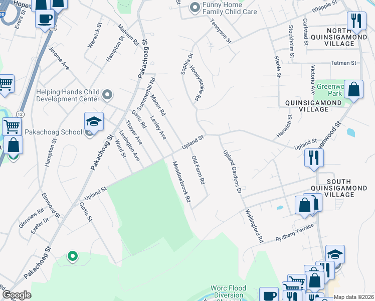 map of restaurants, bars, coffee shops, grocery stores, and more near 35 Manor Road in Auburn