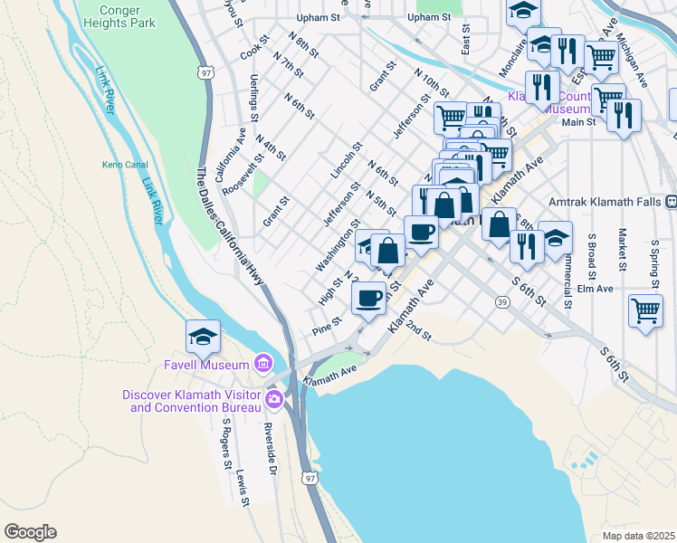 map of restaurants, bars, coffee shops, grocery stores, and more near 137 High Street in Klamath Falls