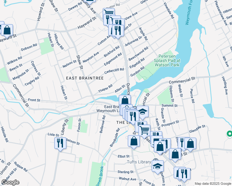 map of restaurants, bars, coffee shops, grocery stores, and more near 44 Allen Street in Braintree