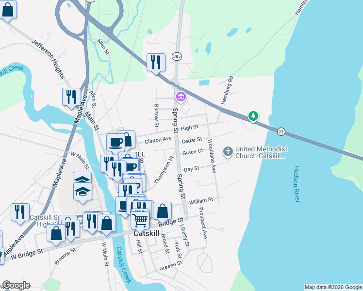 map of restaurants, bars, coffee shops, grocery stores, and more near 164 Spring Street in Catskill