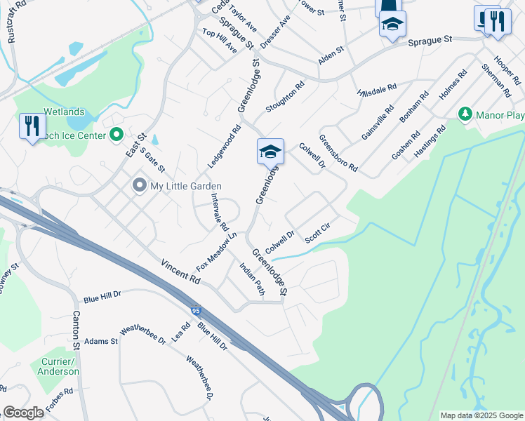 map of restaurants, bars, coffee shops, grocery stores, and more near 2 Smith Circle in Dedham