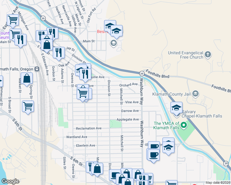 map of restaurants, bars, coffee shops, grocery stores, and more near 2331 Garden Avenue in Klamath Falls
