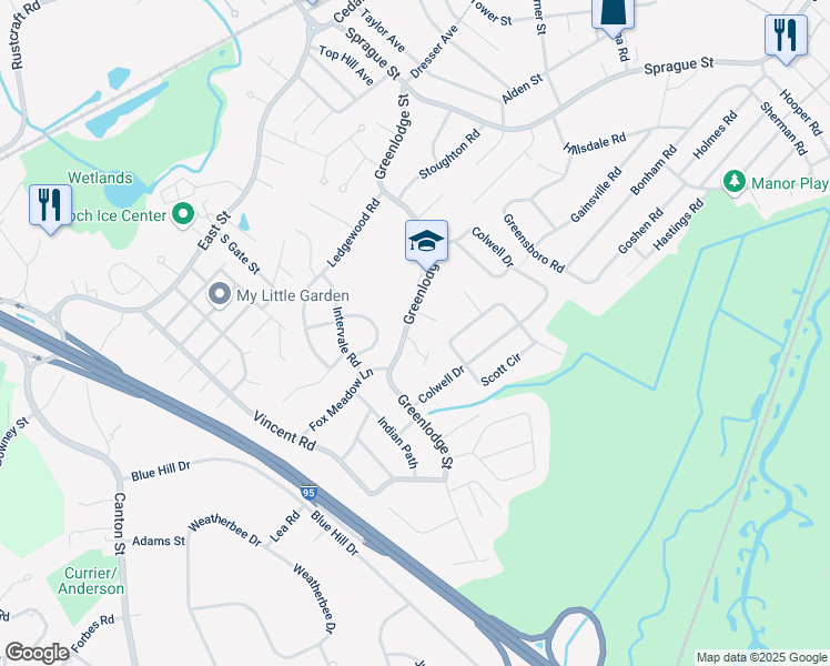 map of restaurants, bars, coffee shops, grocery stores, and more near 2 Smith Circle in Dedham