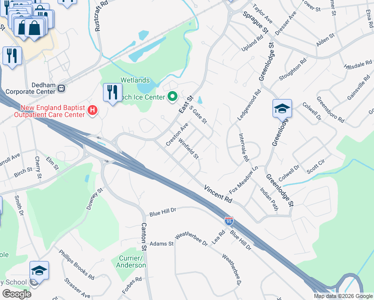 map of restaurants, bars, coffee shops, grocery stores, and more near 58 Chester Avenue in Dedham