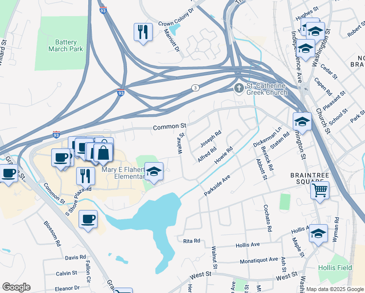 map of restaurants, bars, coffee shops, grocery stores, and more near 36 Francine Road in Braintree