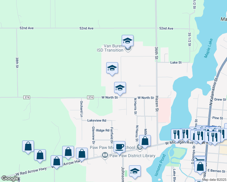 map of restaurants, bars, coffee shops, grocery stores, and more near 512 West North Street in Paw Paw