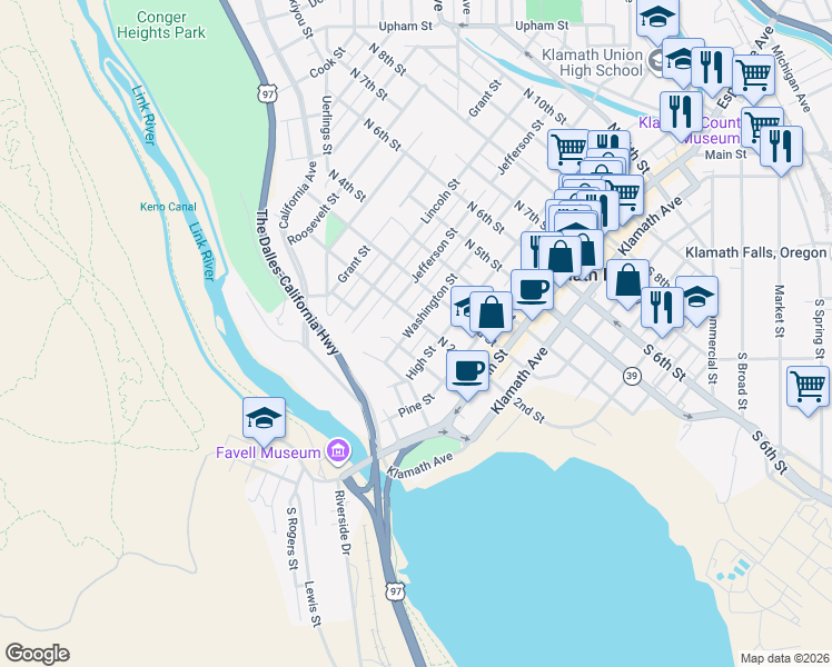 map of restaurants, bars, coffee shops, grocery stores, and more near 202 Washington Street in Klamath Falls