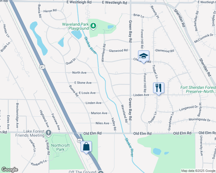 map of restaurants, bars, coffee shops, grocery stores, and more near 910 Waveland Road in Lake Forest