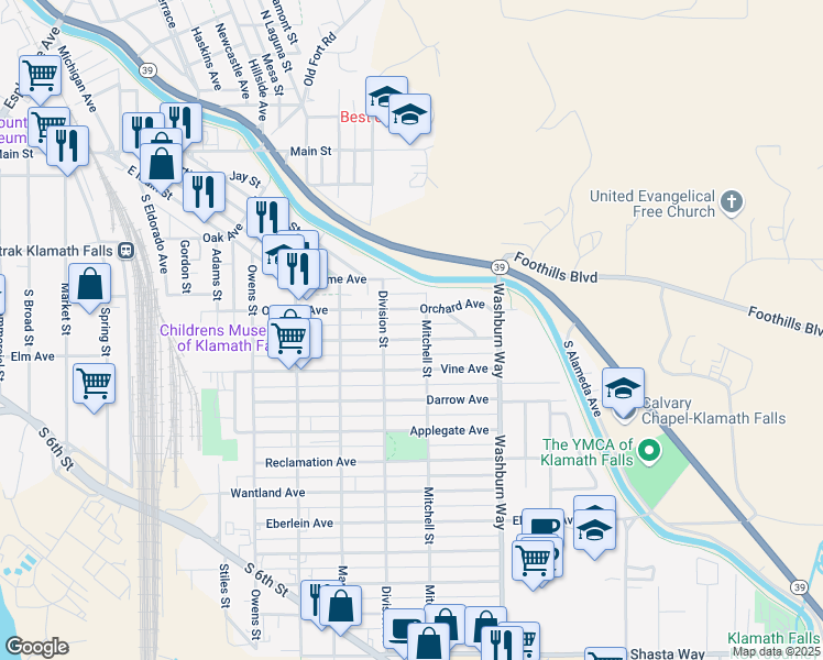 map of restaurants, bars, coffee shops, grocery stores, and more near 2332 Orchard Avenue in Klamath Falls