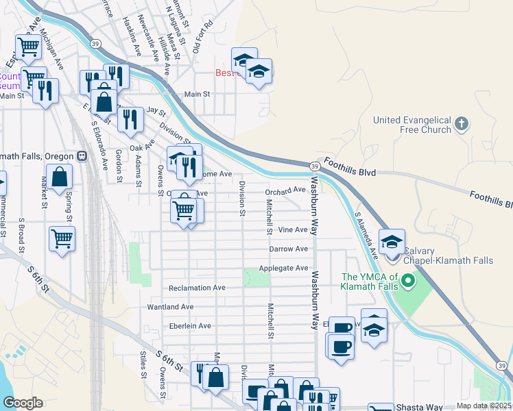 map of restaurants, bars, coffee shops, grocery stores, and more near 2332 Orchard Avenue in Klamath Falls