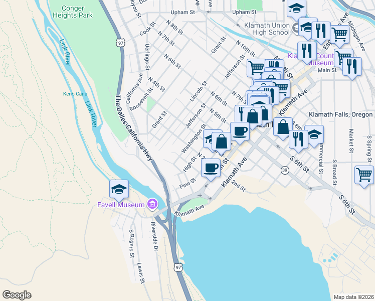 map of restaurants, bars, coffee shops, grocery stores, and more near 202 Washington Street in Klamath Falls