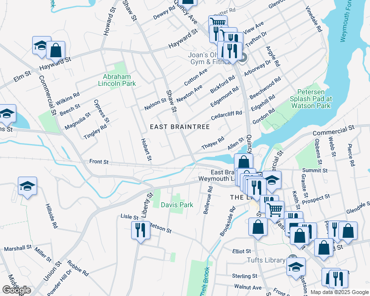map of restaurants, bars, coffee shops, grocery stores, and more near 137 Shaw Street in Braintree