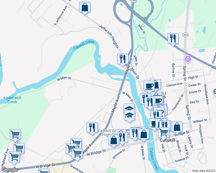 map of restaurants, bars, coffee shops, grocery stores, and more near 37 Bushnell Avenue in Catskill