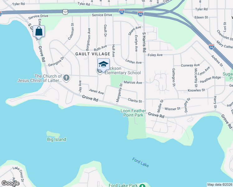 map of restaurants, bars, coffee shops, grocery stores, and more near 1196 Shirley Drive in Ypsilanti