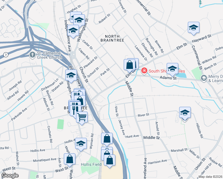map of restaurants, bars, coffee shops, grocery stores, and more near 234 Elm Street in Braintree