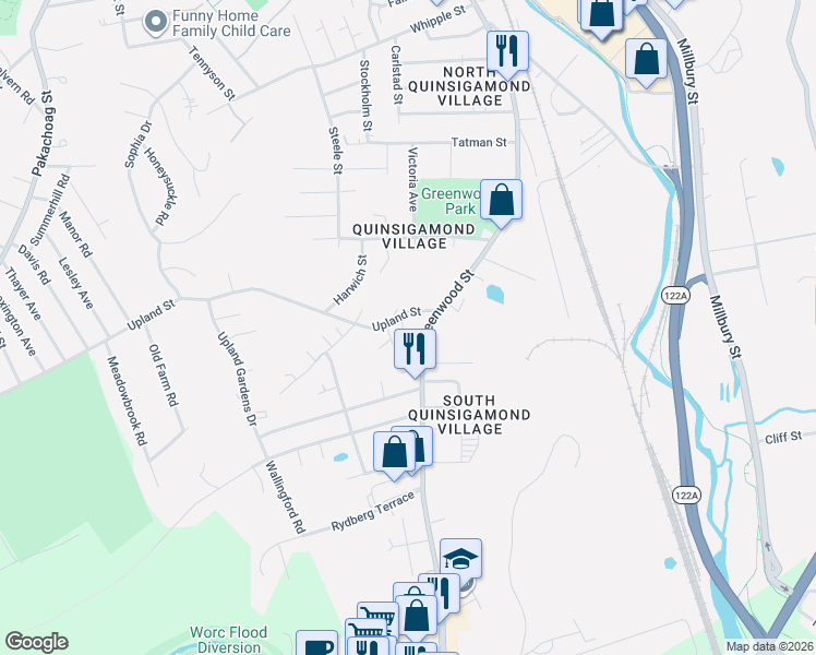 map of restaurants, bars, coffee shops, grocery stores, and more near 23 Upland Street in Worcester