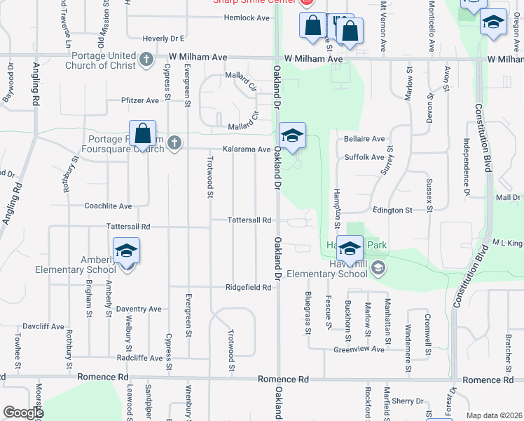 map of restaurants, bars, coffee shops, grocery stores, and more near 6434 Westchester Street in Portage