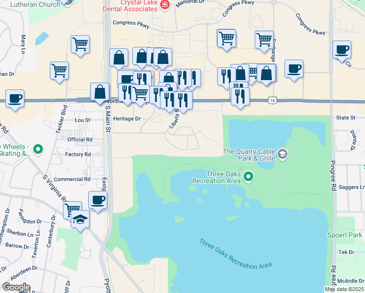 map of restaurants, bars, coffee shops, grocery stores, and more near 6541 Northwest Highway in Crystal Lake