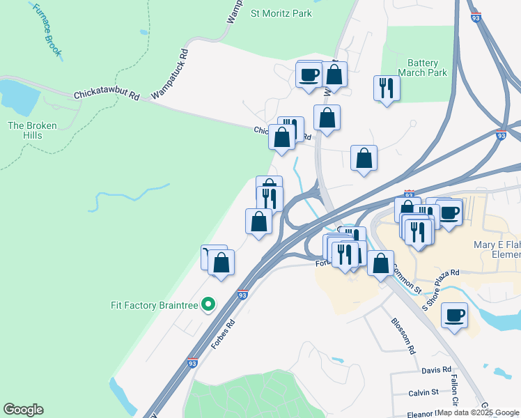 map of restaurants, bars, coffee shops, grocery stores, and more near 154 Wood Road in Braintree