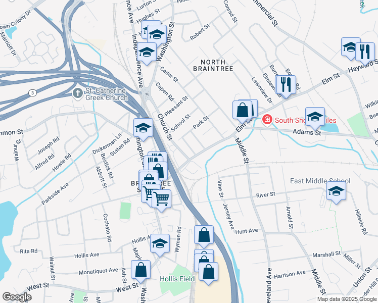 map of restaurants, bars, coffee shops, grocery stores, and more near 196 Elm Street in Braintree
