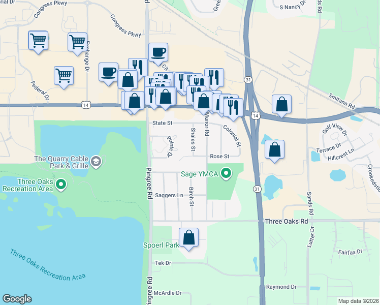 map of restaurants, bars, coffee shops, grocery stores, and more near 744 Pointe Drive in Crystal Lake