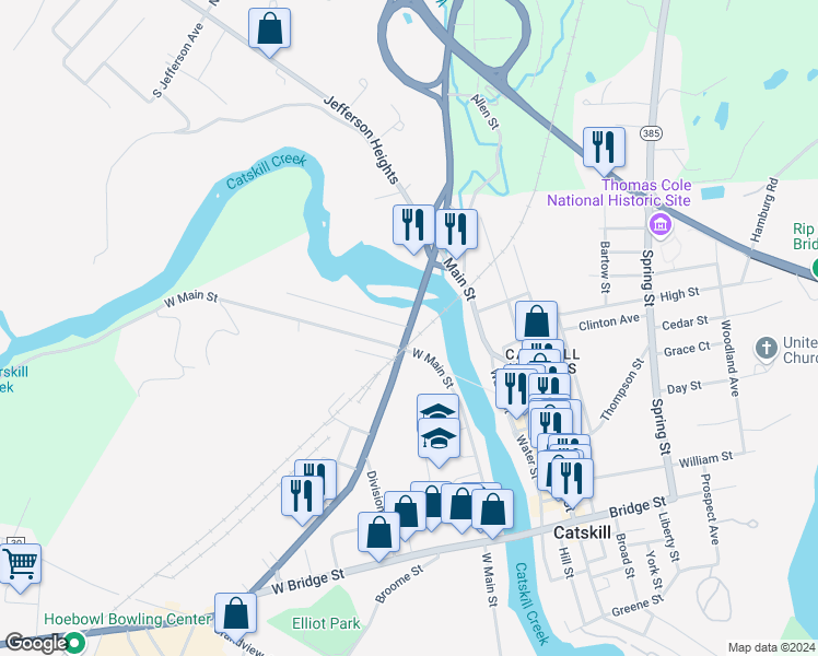 map of restaurants, bars, coffee shops, grocery stores, and more near U.S. 9W & Bushnell Avenue in Catskill