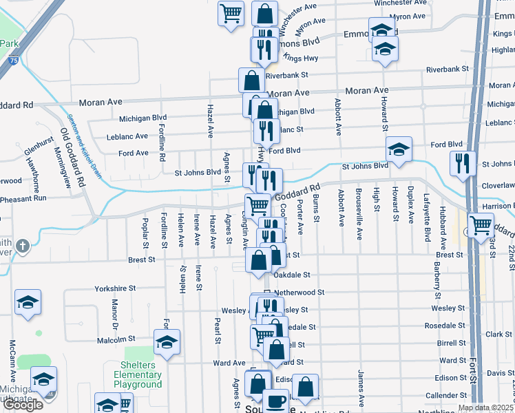 map of restaurants, bars, coffee shops, grocery stores, and more near 4124 Dix Highway in Lincoln Park