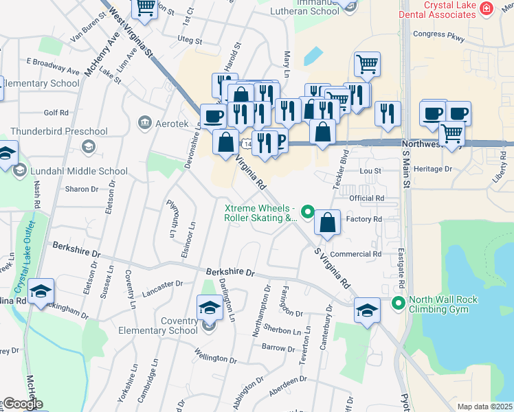 map of restaurants, bars, coffee shops, grocery stores, and more near 590 Darlington Lane in Crystal Lake