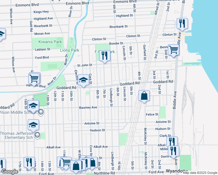 map of restaurants, bars, coffee shops, grocery stores, and more near 657 Goddard Road in Wyandotte